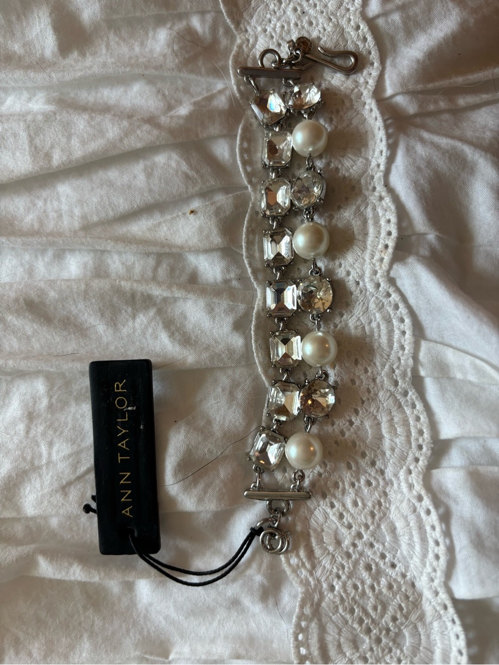 Ann Taylor Silver-Tone Crystal and Pearl Bracelet